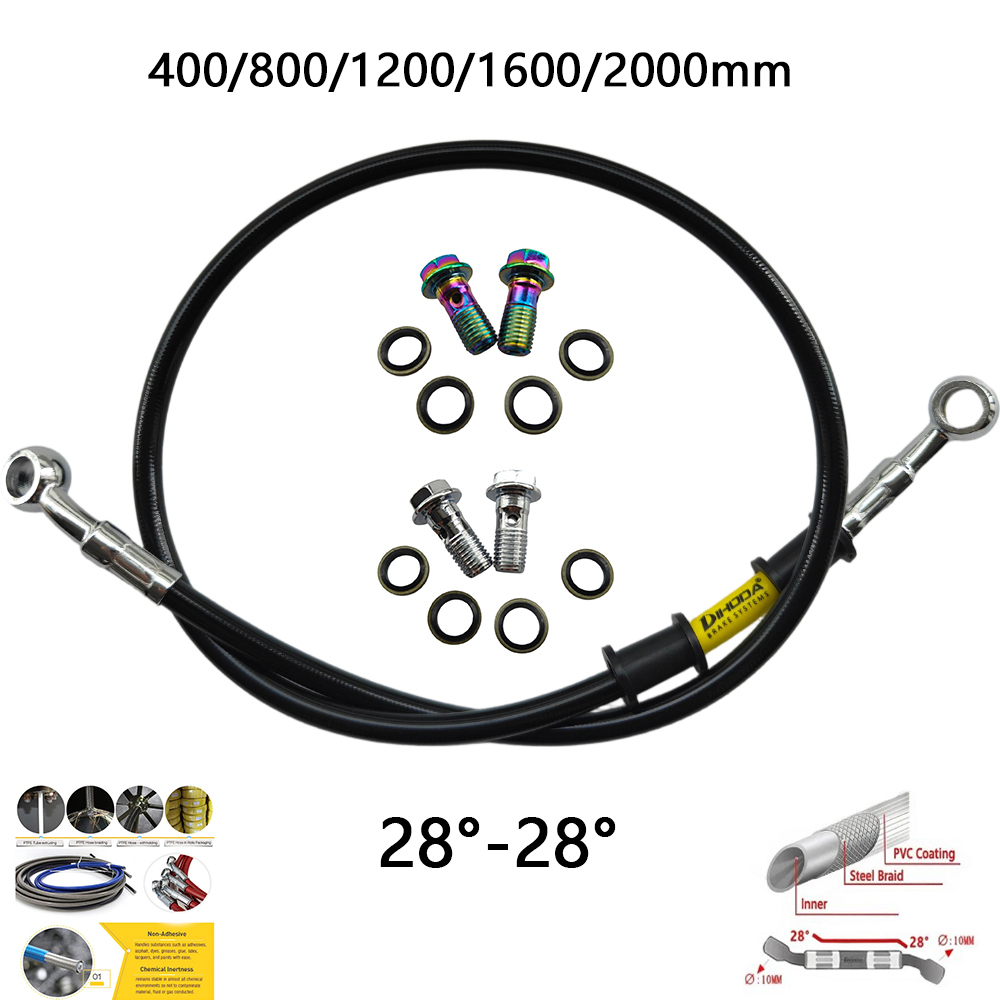 Motorcycle Brake Cable - 28 ° -28 ° 黒色編組ステンレス鋼M10バンジョーボルト40/60/80/160/200cmオートバイ油圧ブレーキラインオイルホースパイプセット